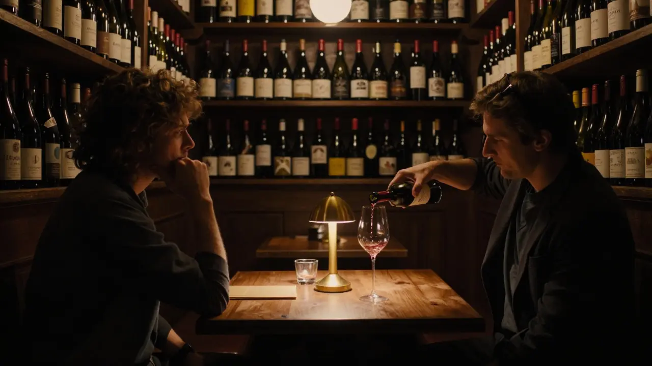 An underground wine bar with shelves of bottles, a sommelier pouring wine for a guest.