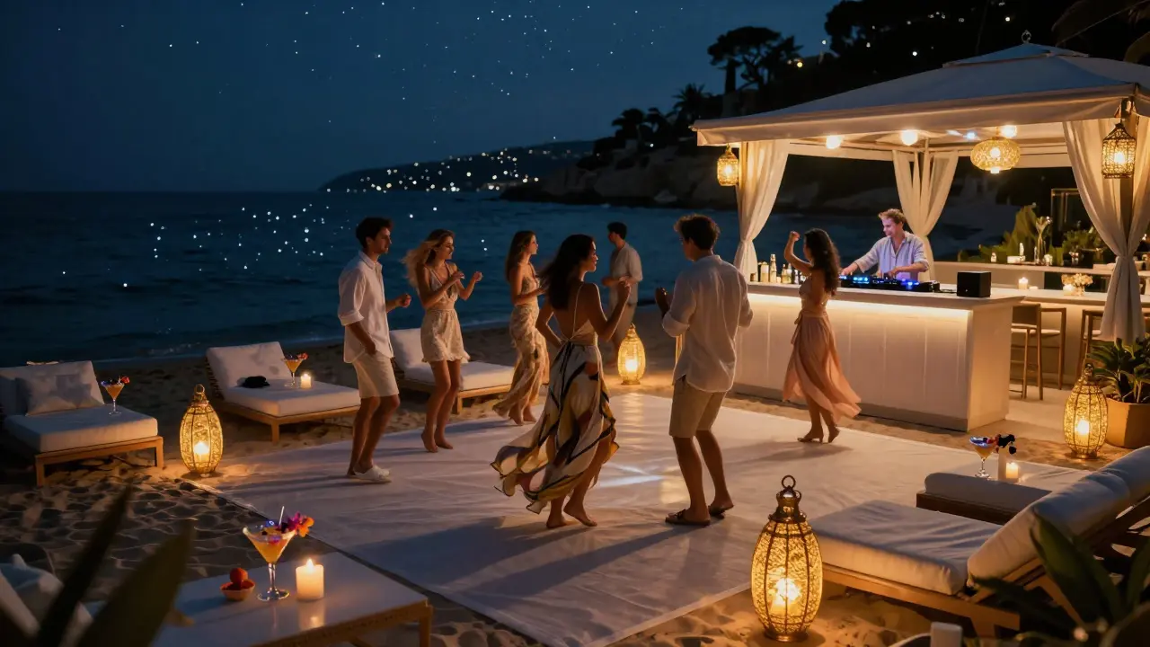 Beach club at night with golden lanterns, guests dancing on white loungers by the sea.