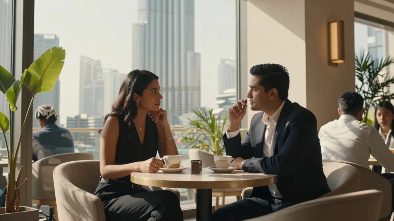 Client and escort having calm conversation in a Dubai café with Burj Khalifa in background.