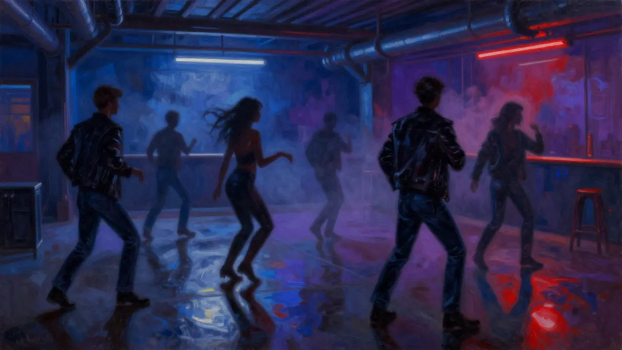 Dancers in a dim, smoky Parisian club moving to live music, surrounded by industrial architecture and pulsing neon.