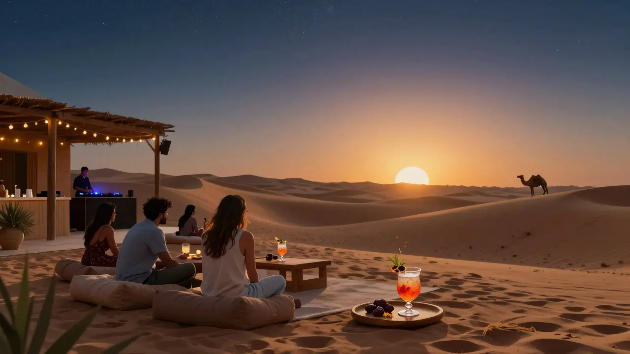 Desert sunset lounge with guests on cushions under string lights as dunes glow golden in twilight.