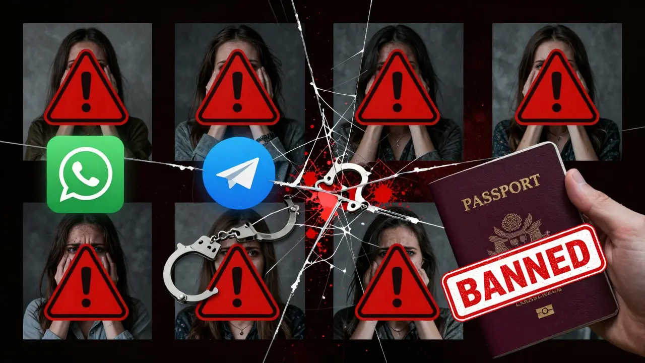 Digital collage of encrypted apps, handcuffs, and a banned passport with warning symbols.