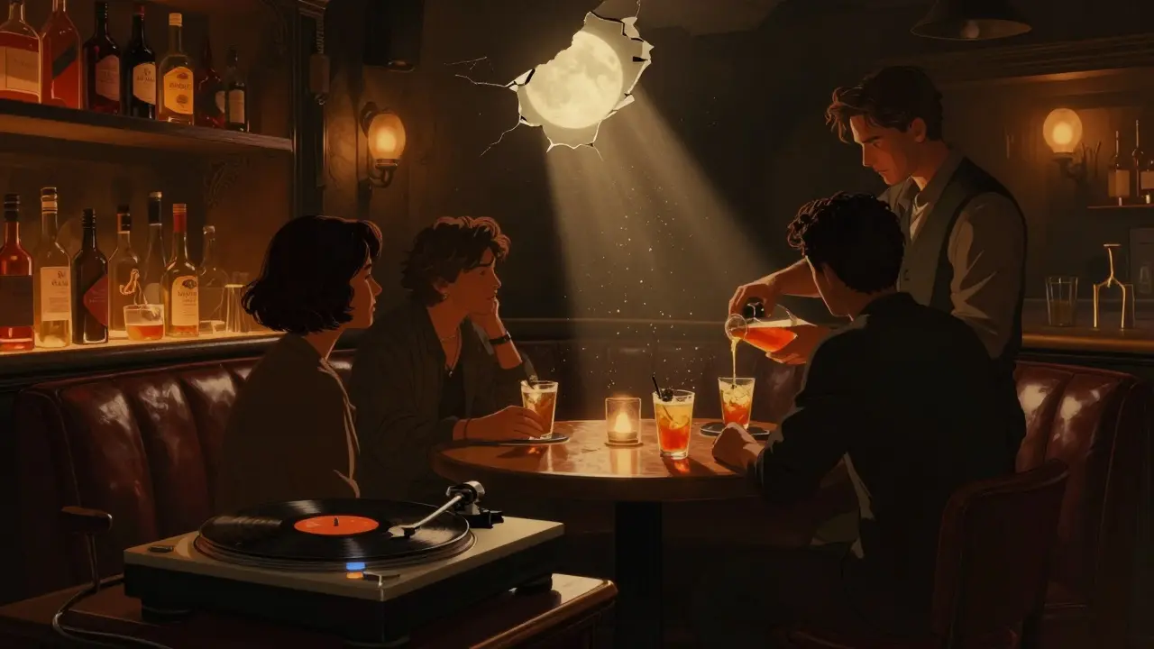 Dim underground bar with patrons quietly conversing over crafted cocktails.