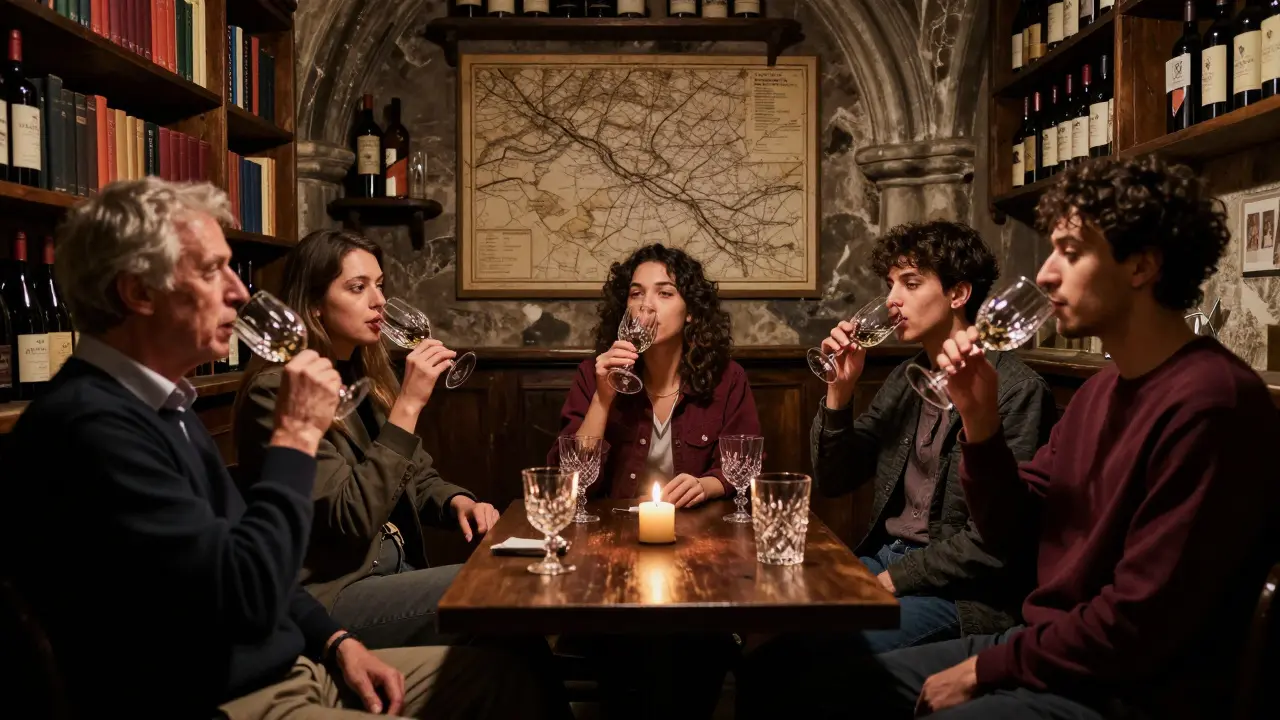 Diverse guests share wine and conversation in a candlelit basement bar beneath an ancient chapel.