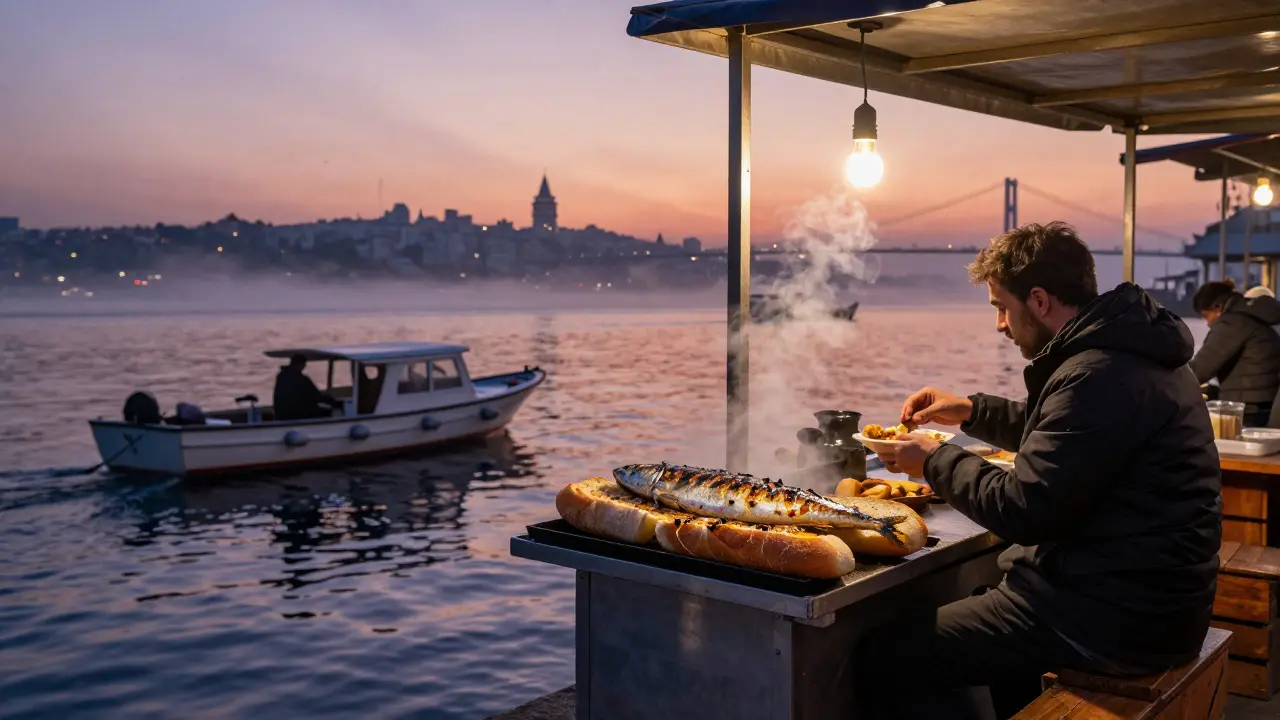 Dockside fish sandwich stall at dawn with boats gliding past and steam rising from grilled mackerel.