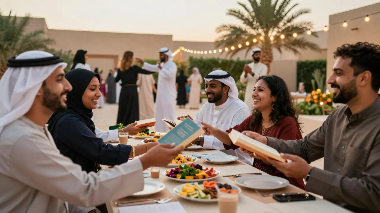 Expats socializing at a lively Dubai community event under warm evening lights.