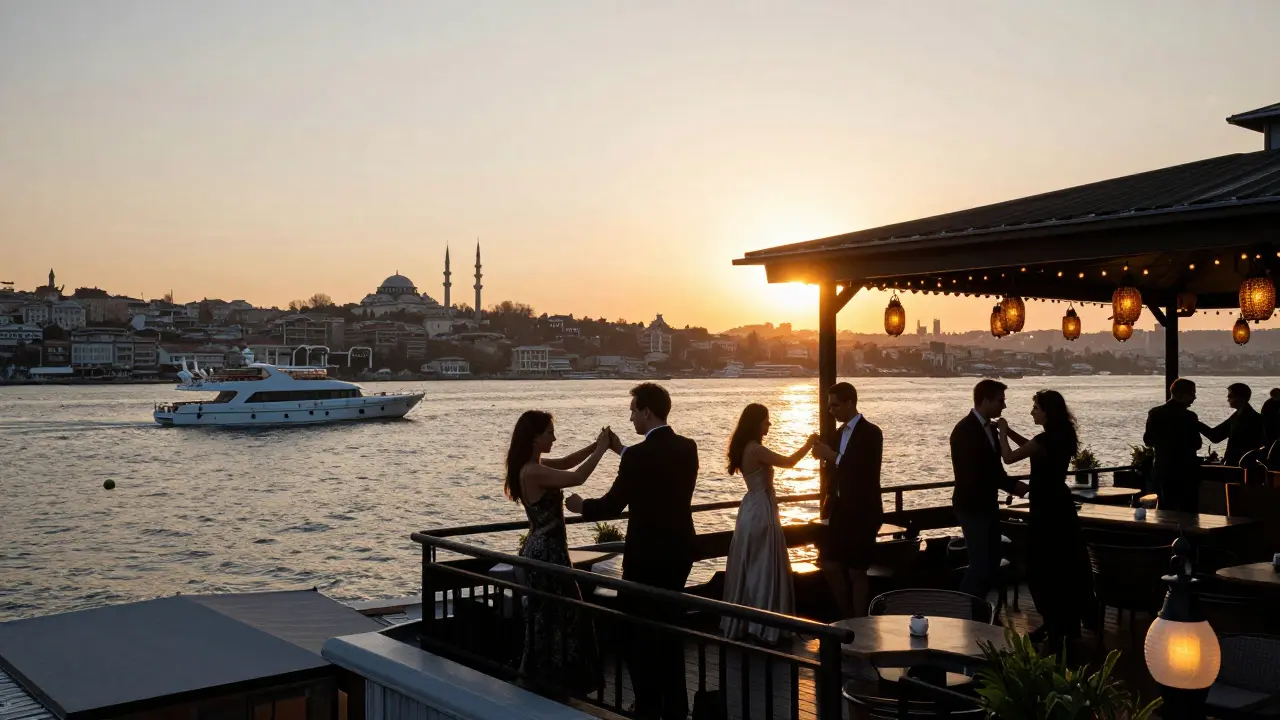 Guests dance at a rooftop bar on the Bosphorus at sunset, lanterns glowing above, yachts drifting in the distance.