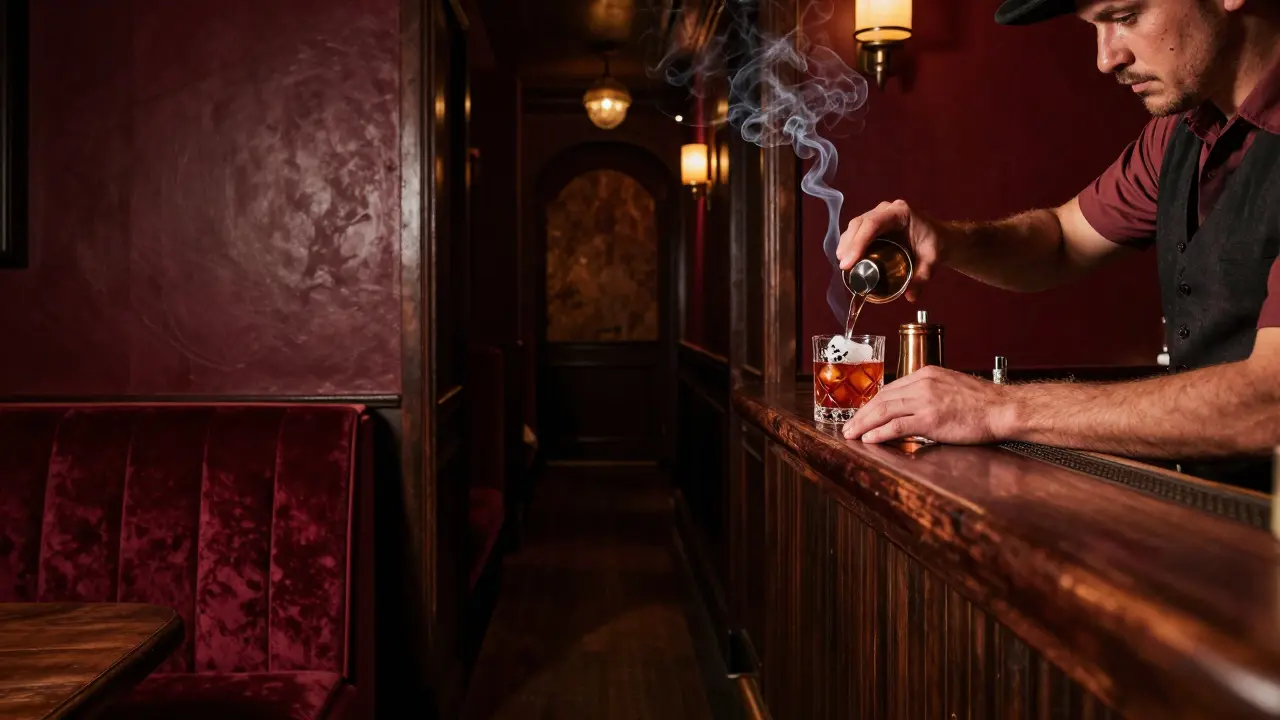 Hidden speakeasy bar with velvet booths and a bartender mixing a smoky cocktail in dim, intimate light.