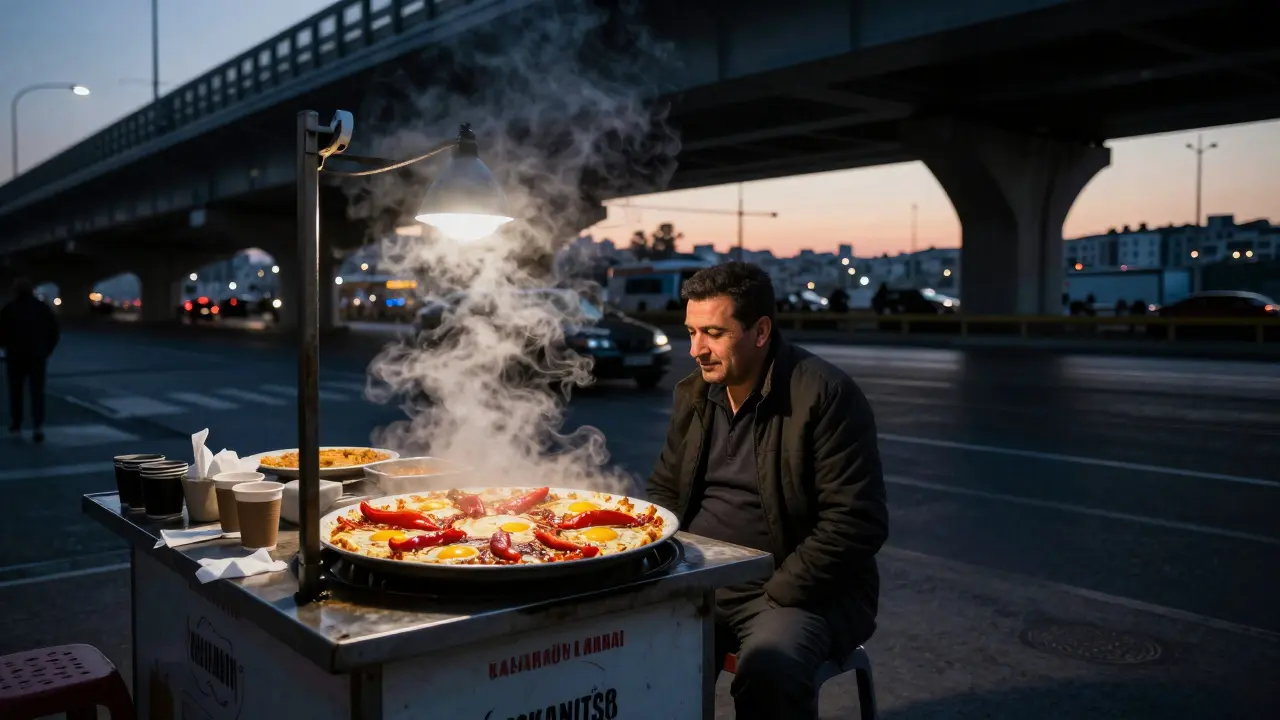 Karaköy Lokantası street food stall at dawn, steaming menemen on a plate under a highway overpass.