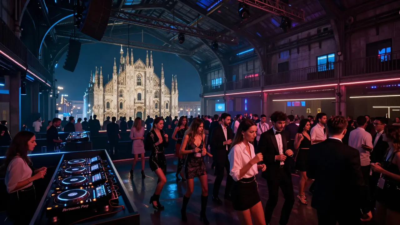 Luxurious Bracco nightclub interior with LED lights, stylish crowd, and Duomo view from rooftop terrace.