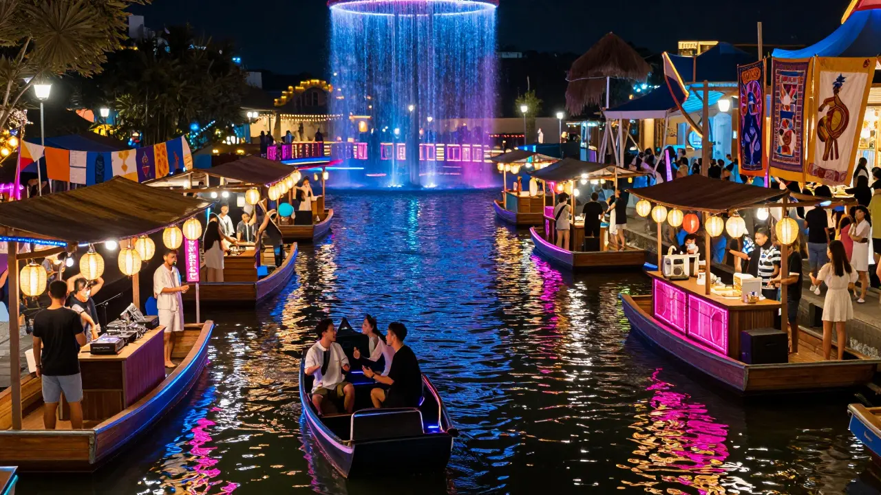 Neon-lit boats float on a canal at night, with people dancing under a glowing waterfall.