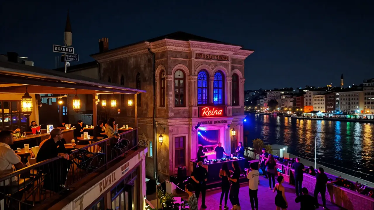 Neon-lit techno club in a converted Ottoman bank with dancers silhouetted against glowing water reflections.