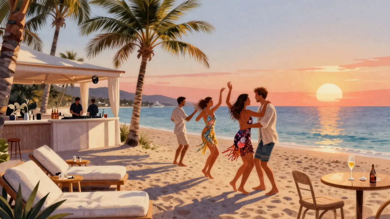 People dancing barefoot on a beach at Club 55 as the sun sets over the Mediterranean.