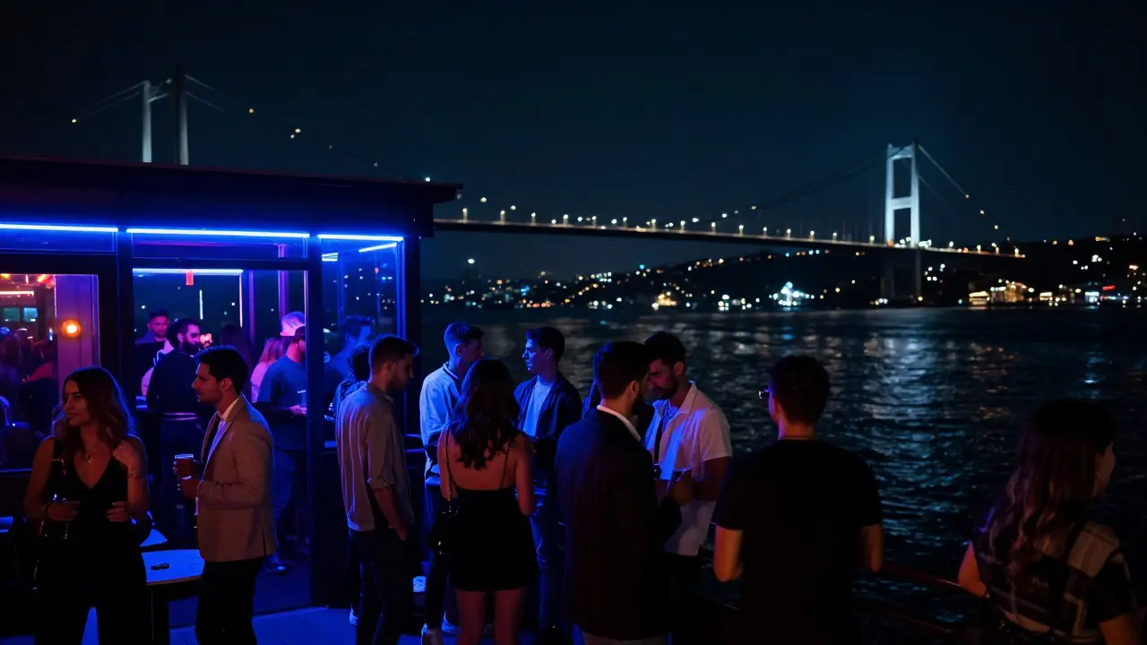 Reina club under the Bosphorus Bridge at night, with a vibrant crowd and glowing lights reflecting on the water.