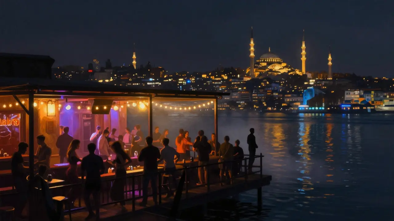 Reina nightclub terrace overlooking the Bosphorus at night, people dancing under string lights and neon reflections.