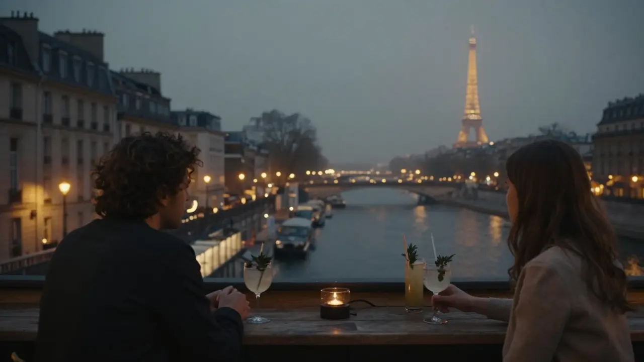 Rooftop bar at night overlooking Canal Saint-Martin, two people sipping cocktails, city lights glowing softly in the distance.