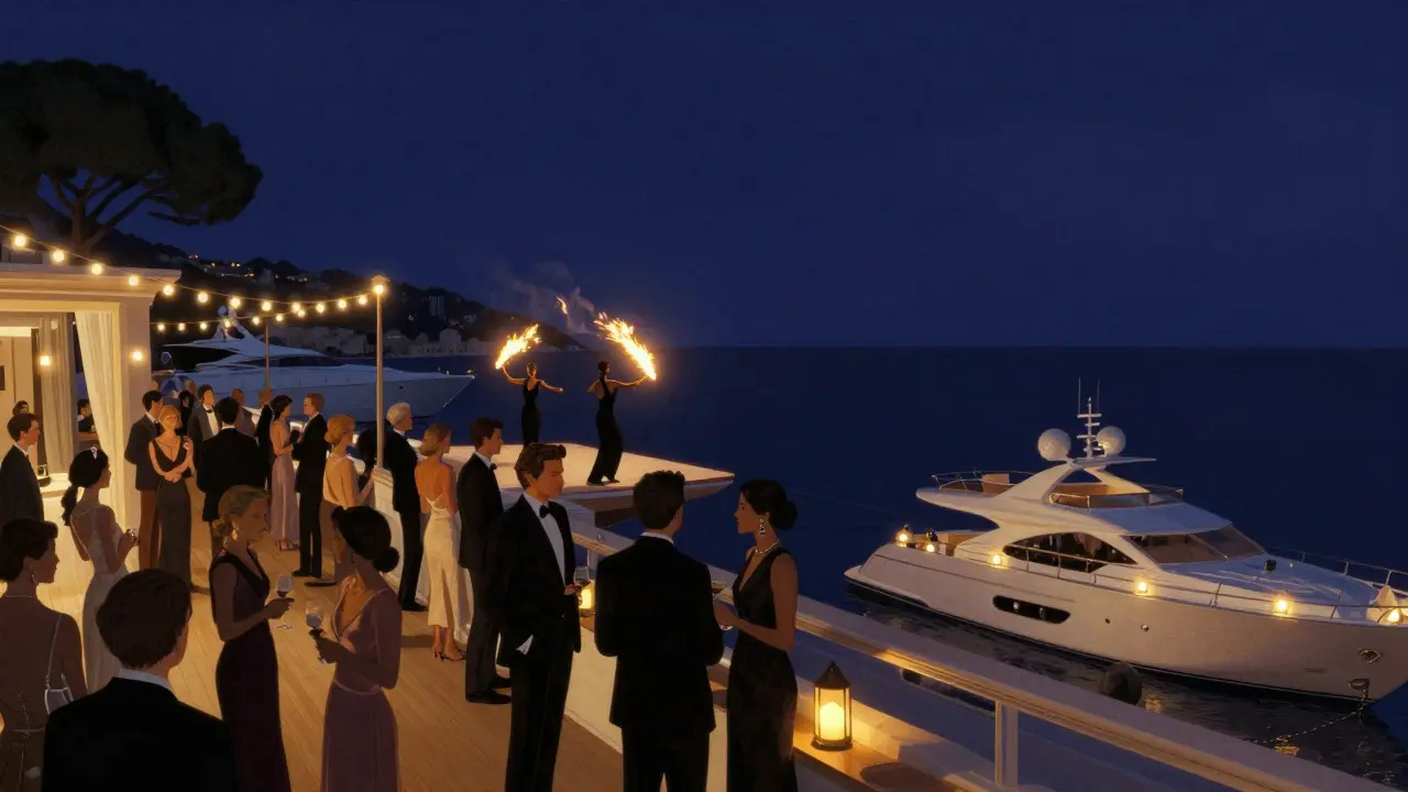 Rooftop party at Yacht Club Monaco with fire dancers and yachts glowing below at night.