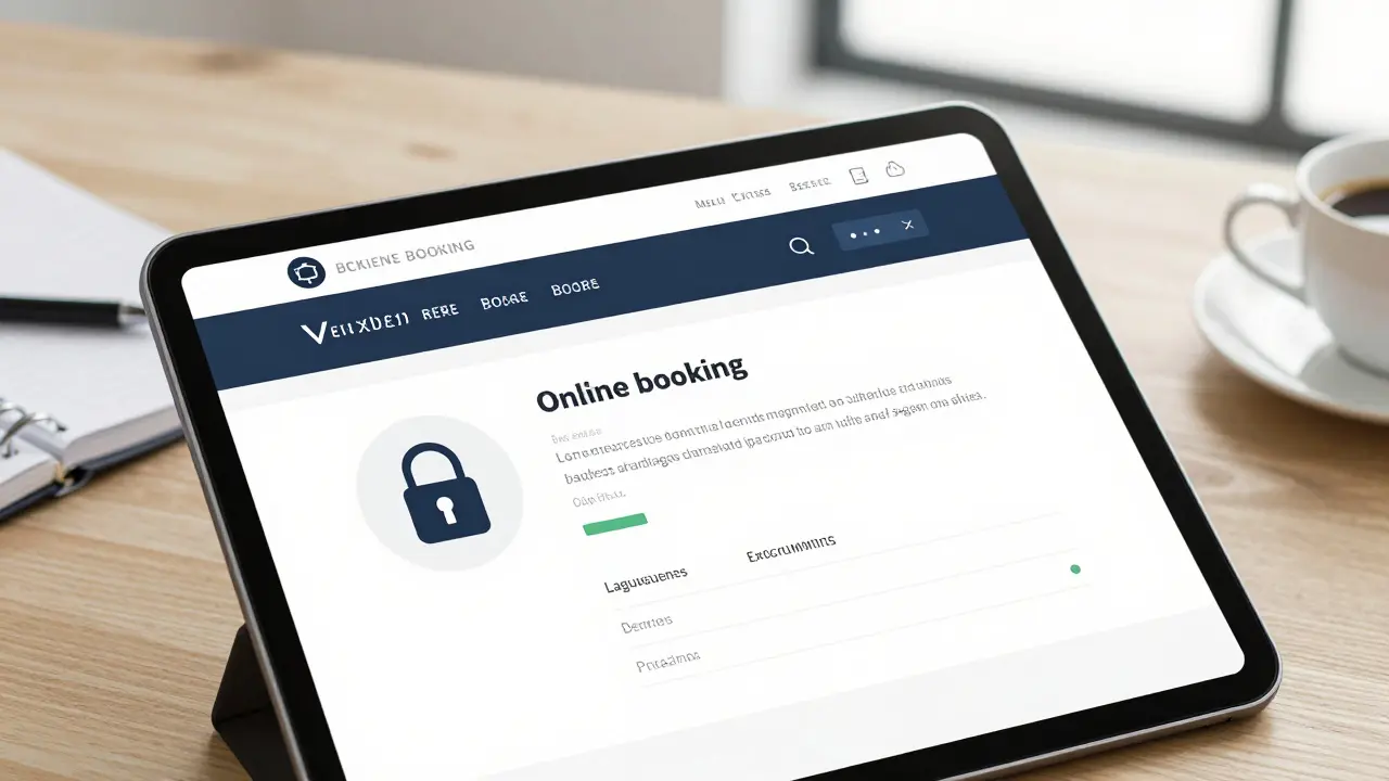Secure escort booking portal on a tablet with detailed bio text, no photos, on a wooden desk.