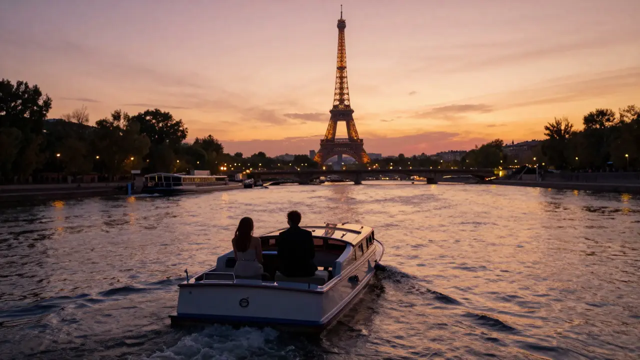 Silhouettes of two people on a private boat drifting along the Seine at sunset, city lights glowing in the distance.