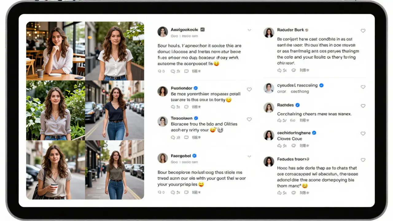 Tablet showing multiple natural photos and real client reviews of an escort.
