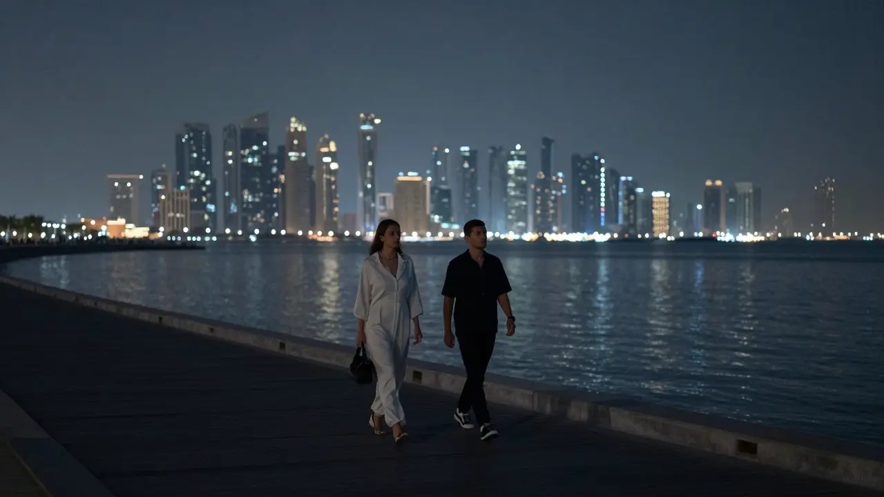 Two figures walking silently along the Palm Jumeirah boardwalk under the moonlight, Dubai skyline in the distance.