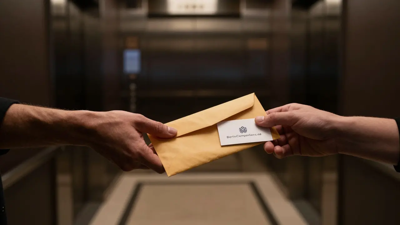 Two hands exchanging cash and a business card in a quiet hotel lobby, no faces, dramatic lighting.