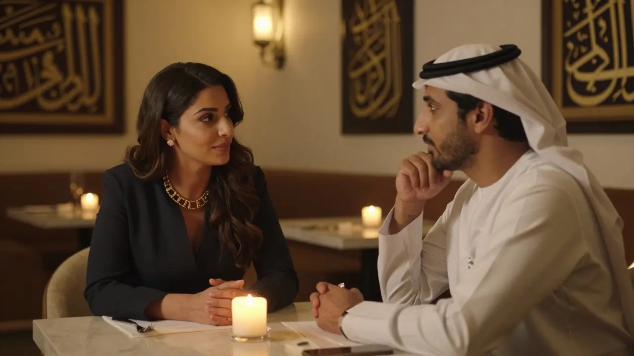 Two people having a respectful conversation at a quiet Dubai restaurant, emphasizing emotional intelligence.