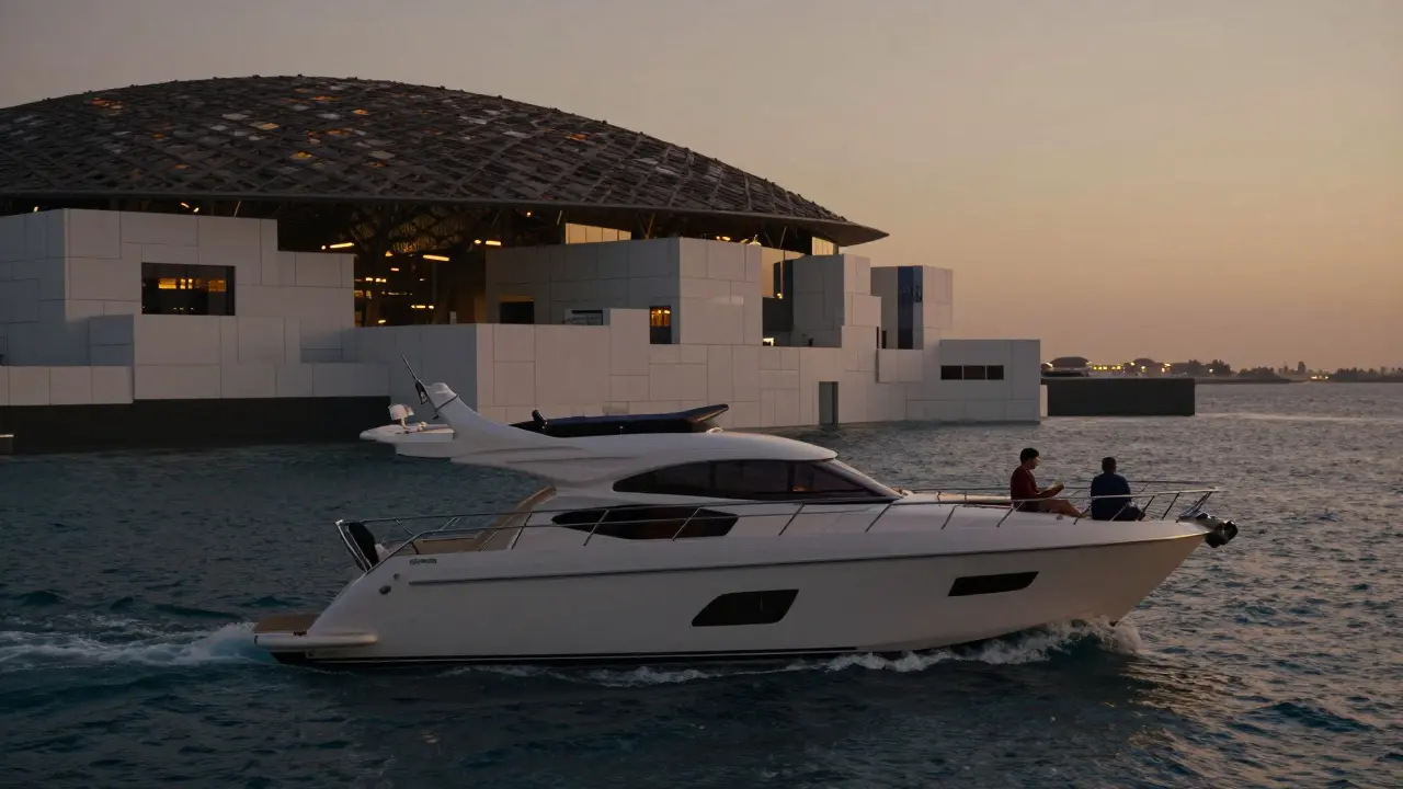 Two people on a private yacht at dusk, cruising past Abu Dhabi’s skyline.
