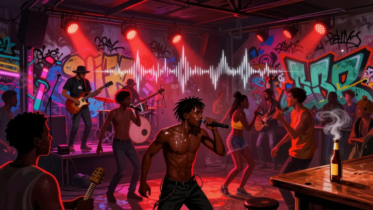 Vibrant basement music venue with graffiti walls, Afrobeat band performing, dancers moving energetically under red stage lights.