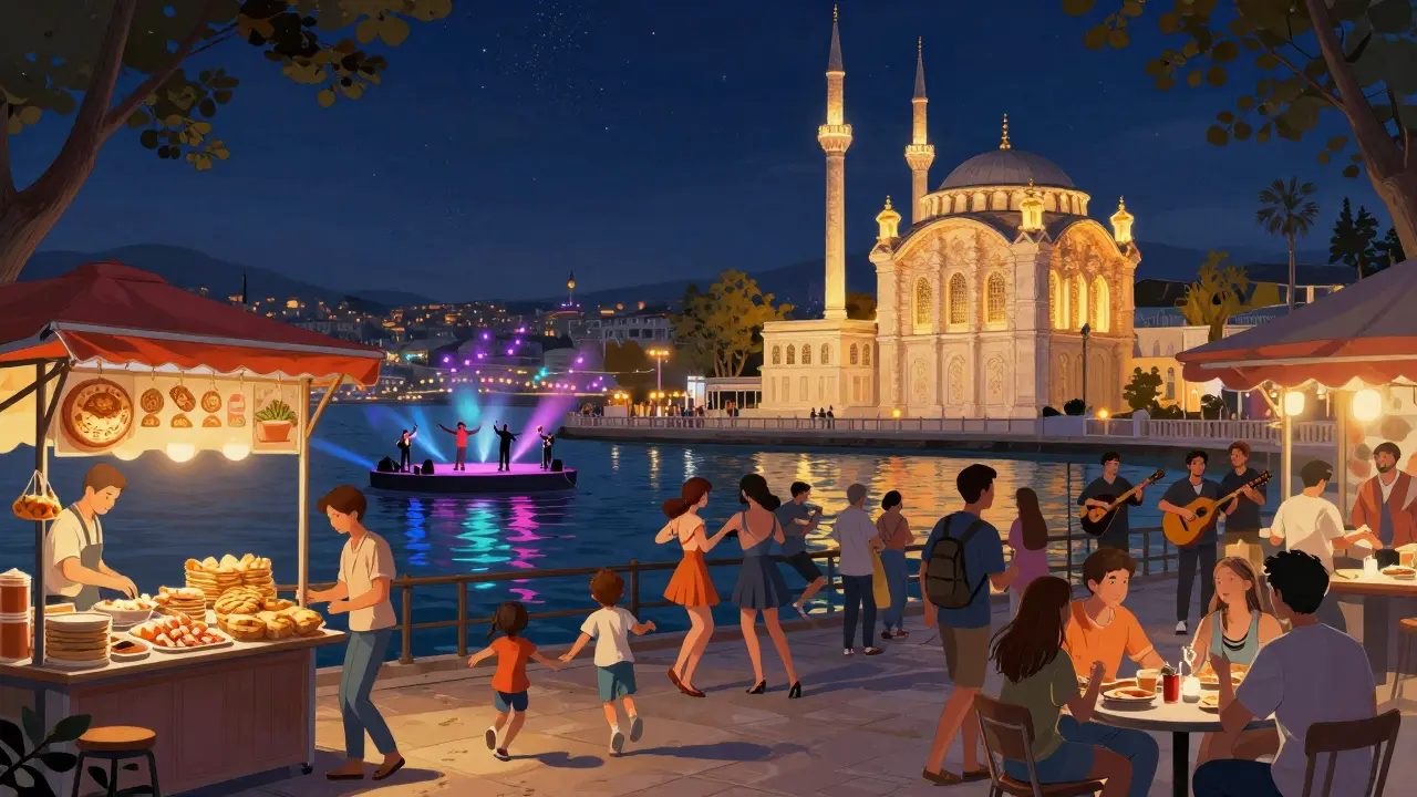 Vibrant street festival at Ortaköy Square with food stalls, a floating DJ stage, and people dancing on a bridge under a lit mosque.