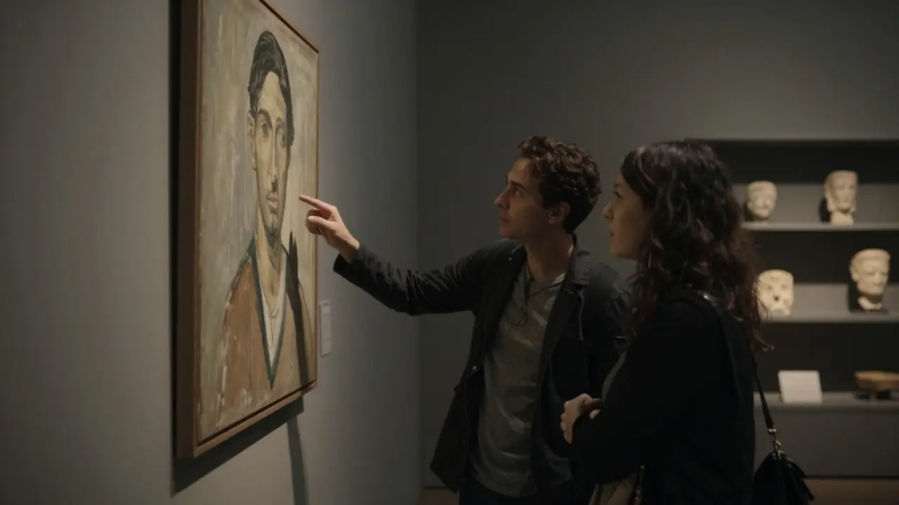 Visitor and companion quietly viewing art in the Louvre Abu Dhabi gallery.