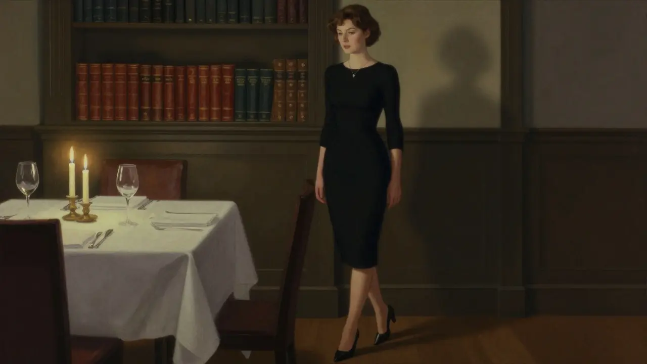 Woman in black dress walking through a candlelit private dining room with subtle elegance.