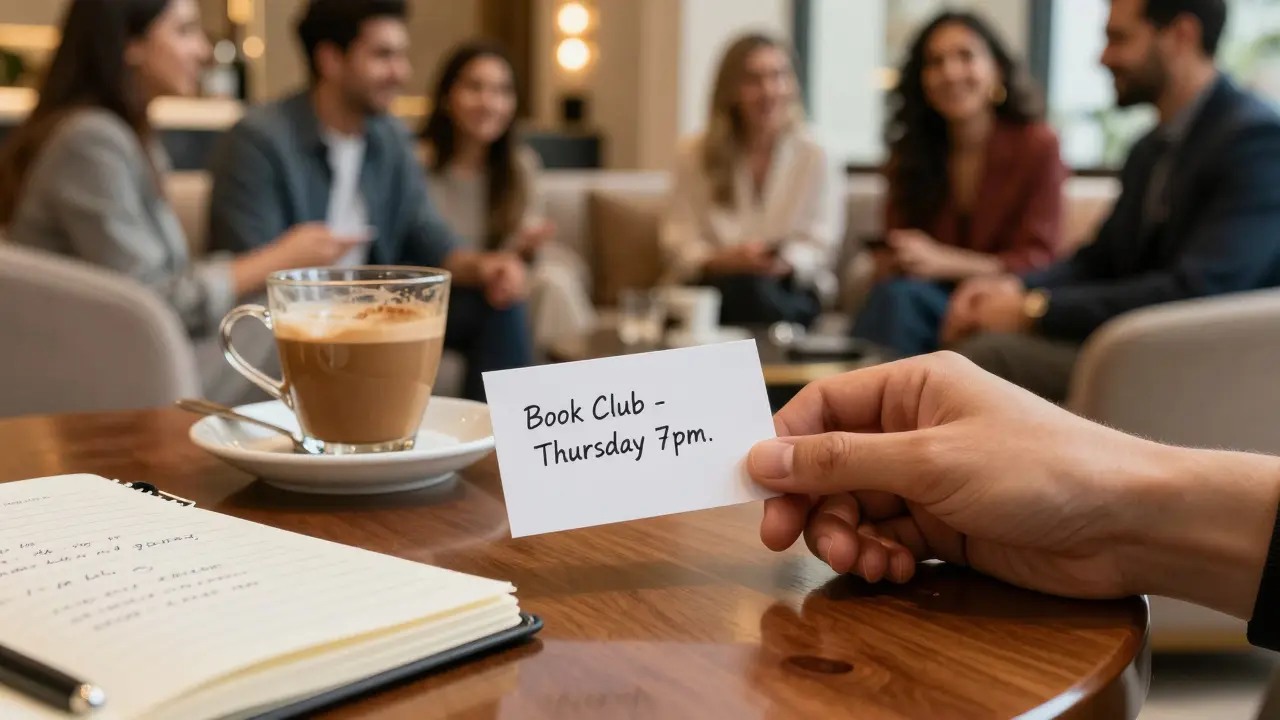 A business card placed on a wooden table beside coffee, next to a handwritten note about a book club gathering.