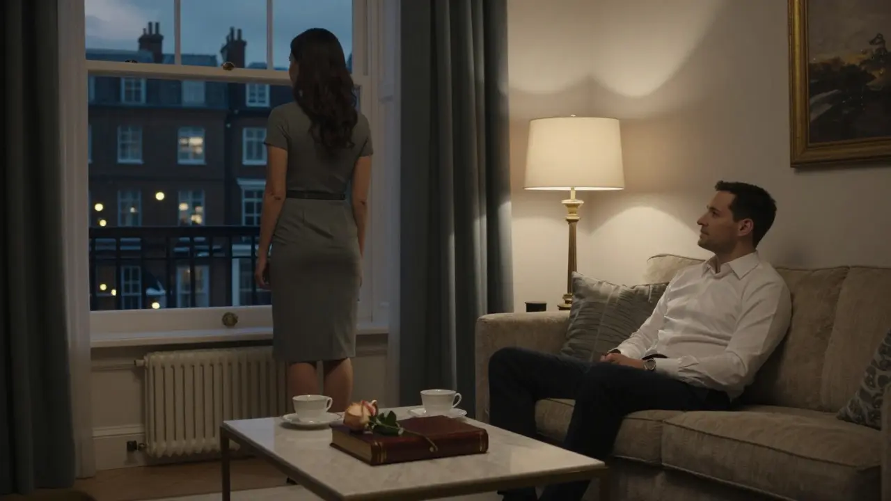 A calm, elegant private apartment in Kensington with tea and a book, conveying comfort and mutual respect.