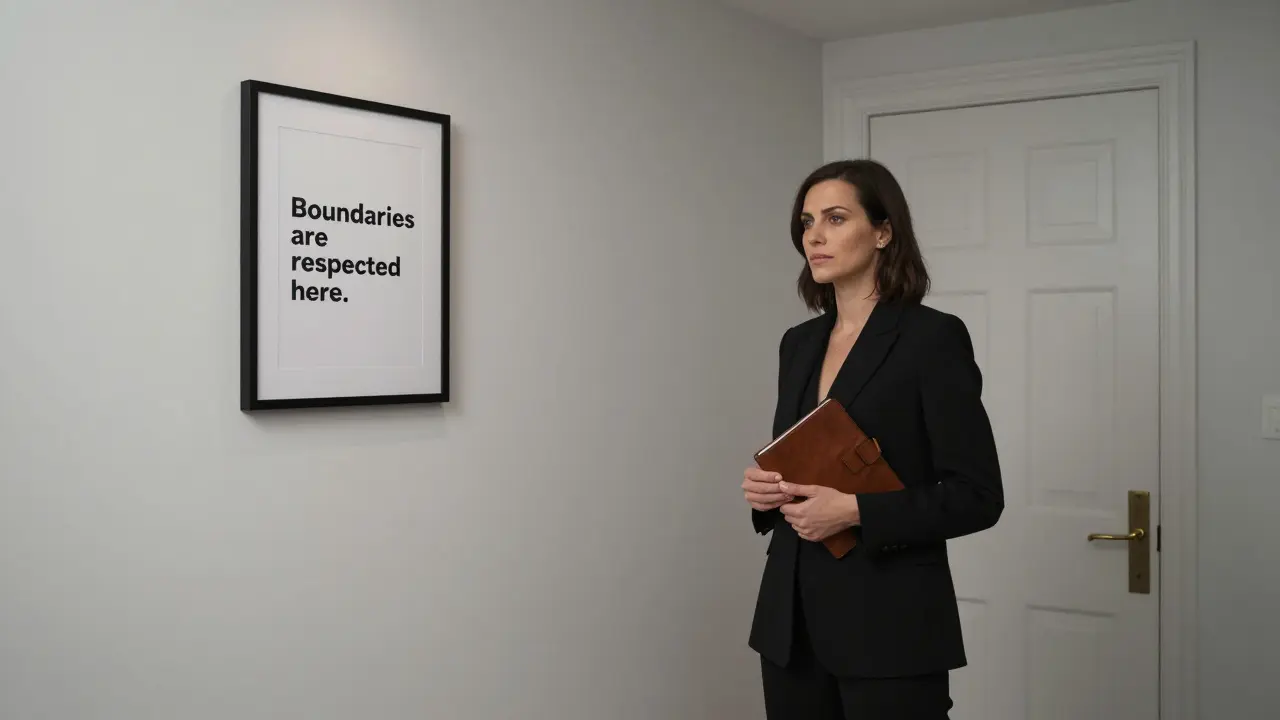A composed woman in a London hallway holding an appointment book, standing beside a sign that reads 'Boundaries are respected here.'