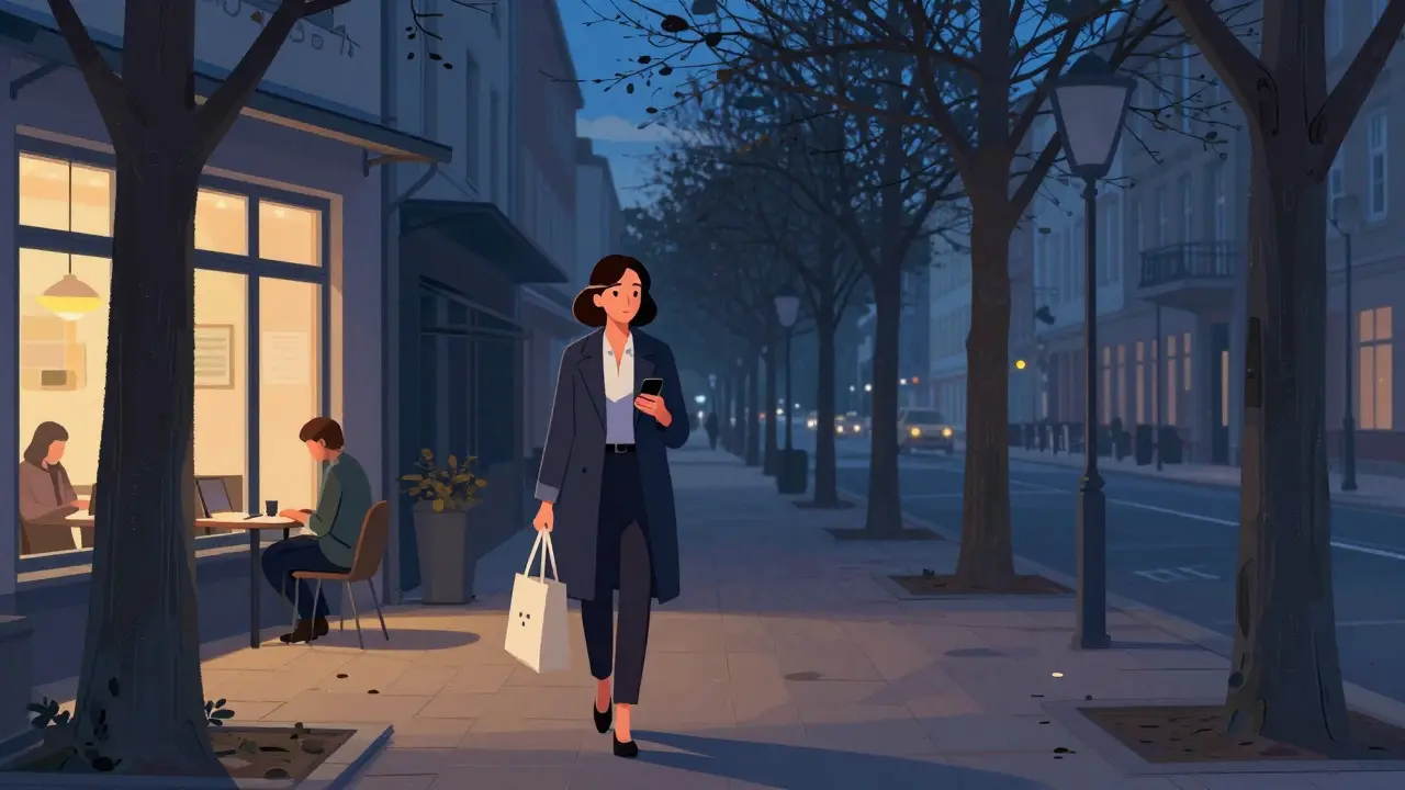A confident woman walking through a peaceful Berlin street at twilight, symbolizing professional companionship.