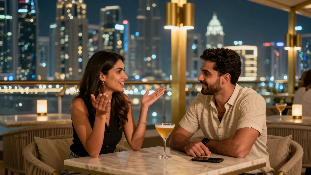 A couple enjoying an elegant rooftop evening in Downtown Dubai, laughing softly under the city's glowing skyline.