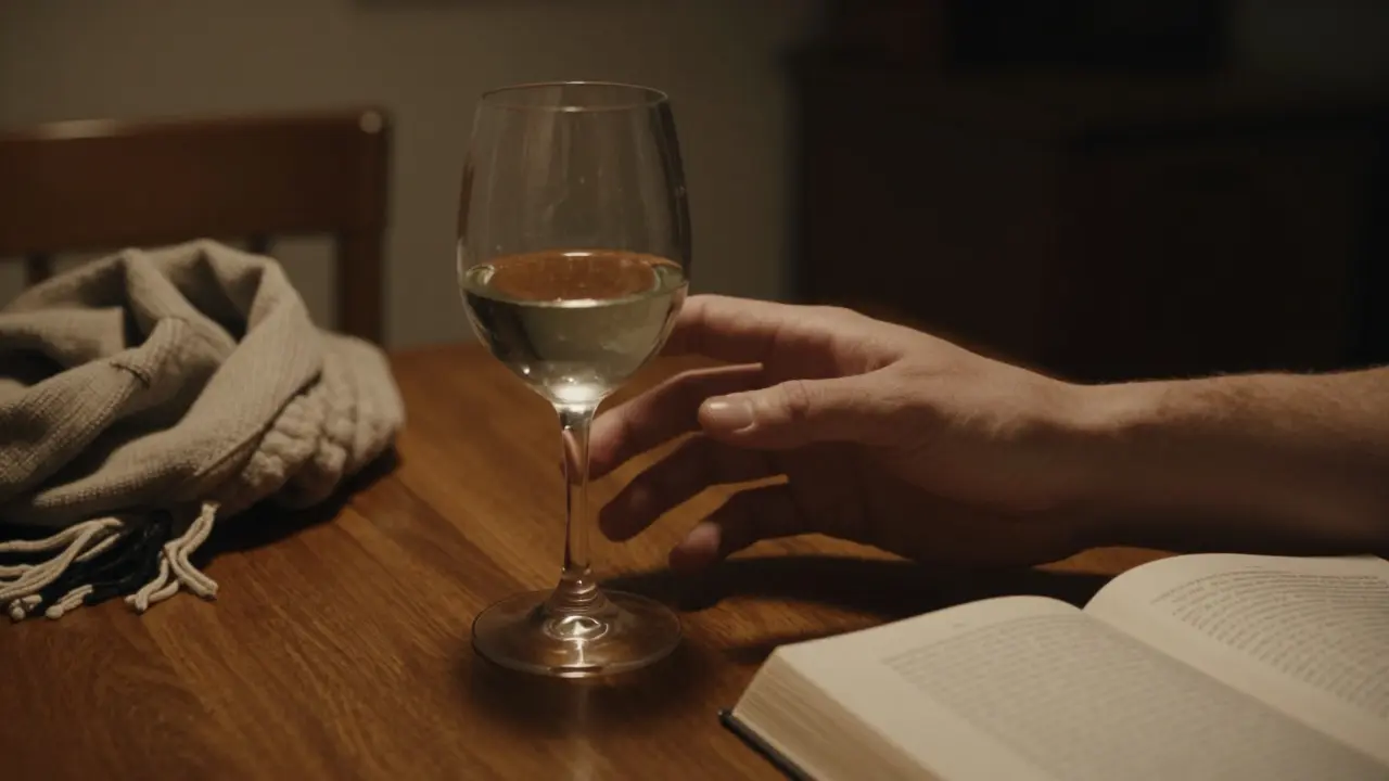 A fleeting touch between two hands passing a glass of wine, in warm, shadowed lighting.