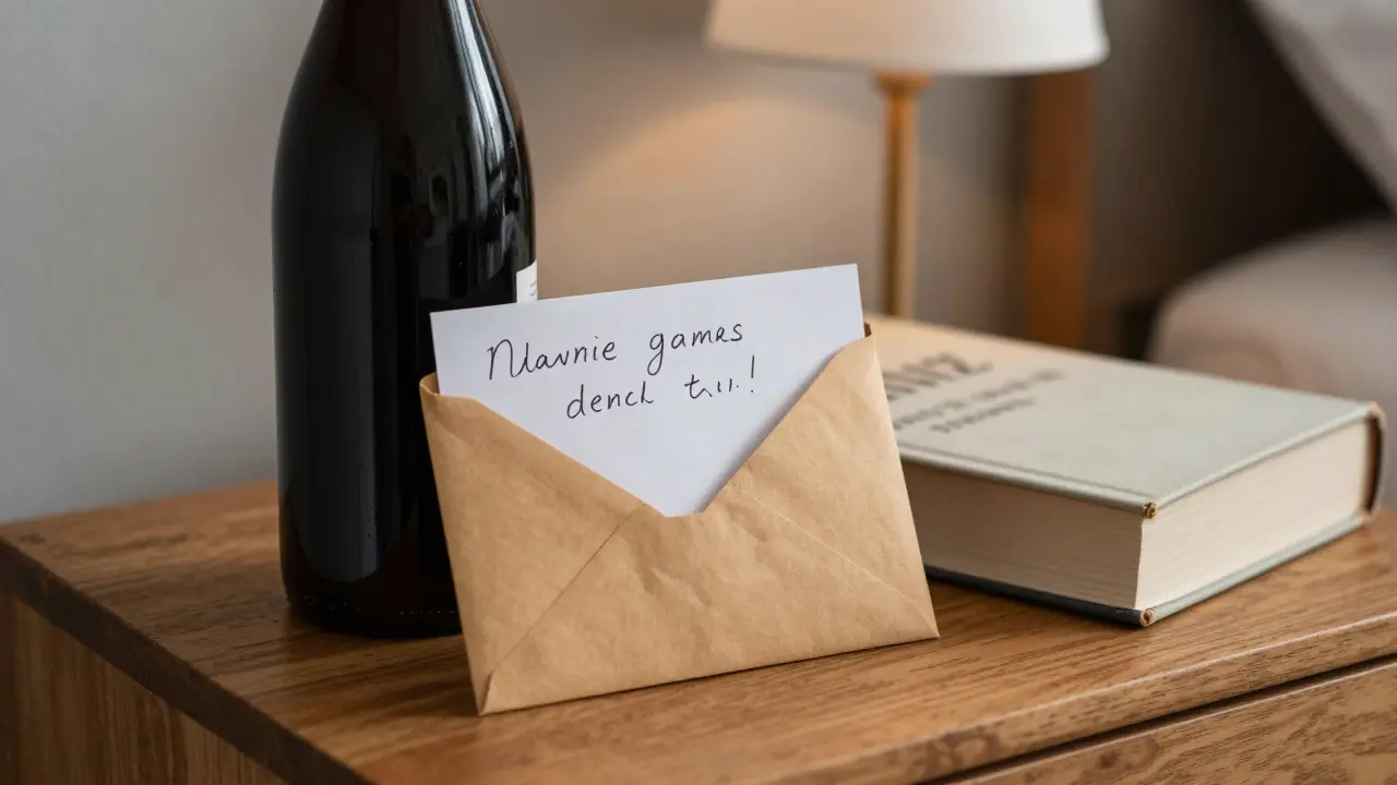 A handwritten note and bottle of wine on a nightstand, symbolizing thoughtful gratitude after a meaningful evening.