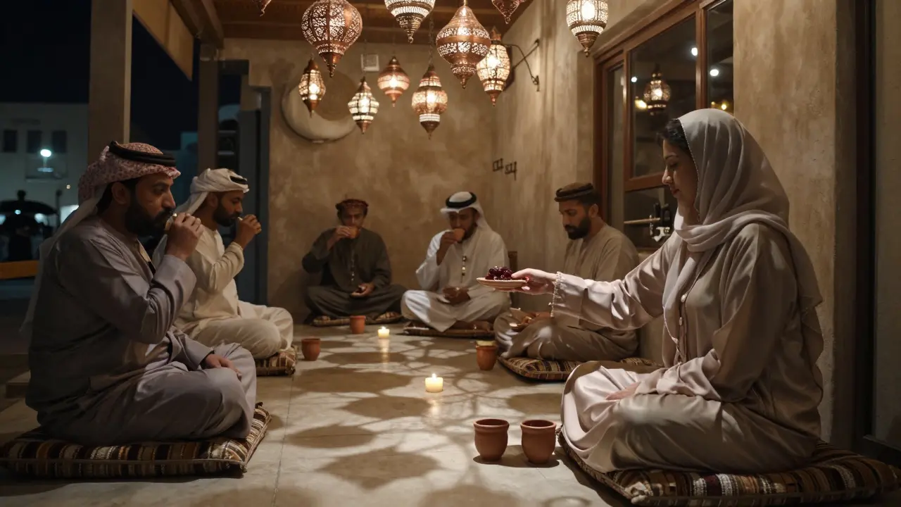 A hidden chamber lit by copper lanterns, guests sitting on cushions sipping from clay cups in a traditional coffee house.