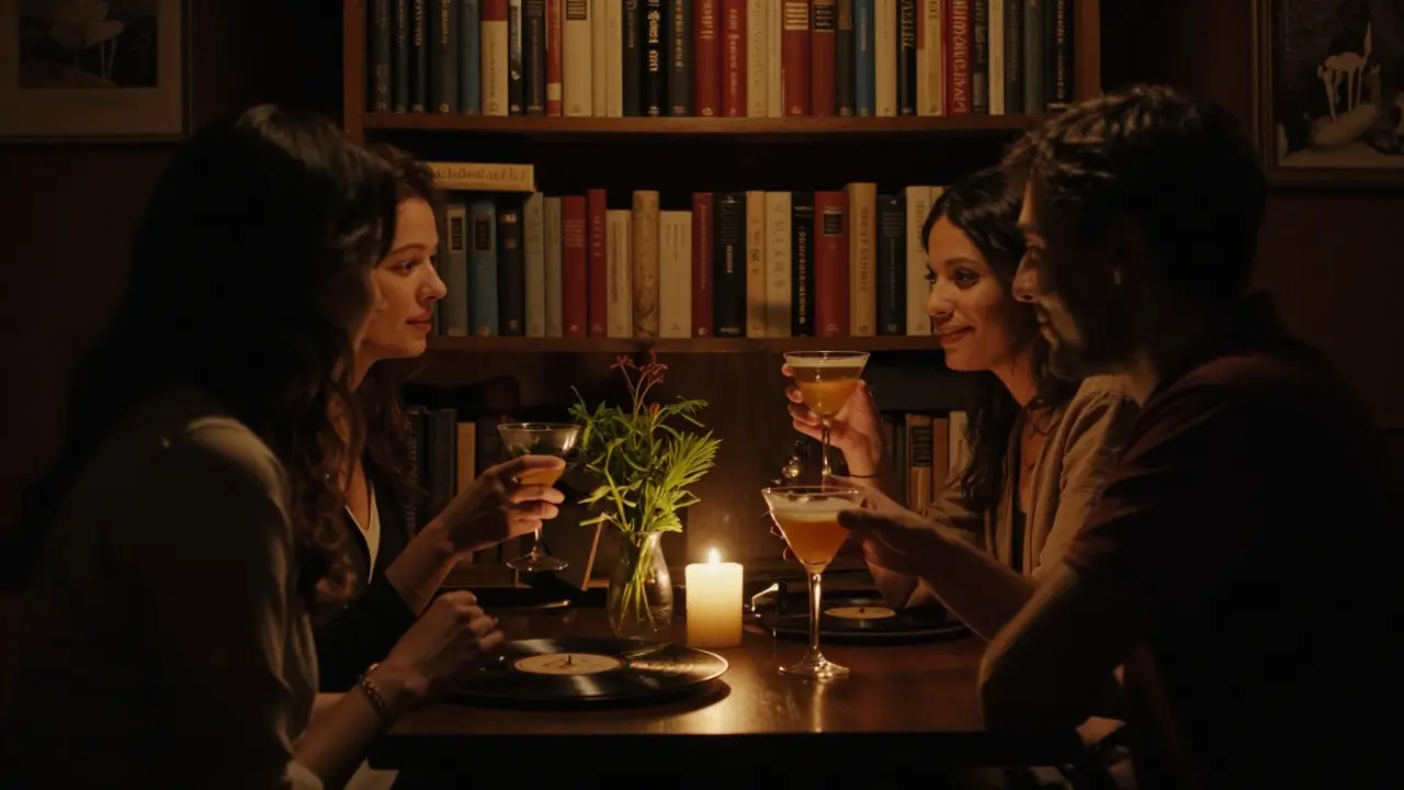 A hidden speakeasy bar with candlelight, guests sharing drinks, no phones, behind a false bookshelf.