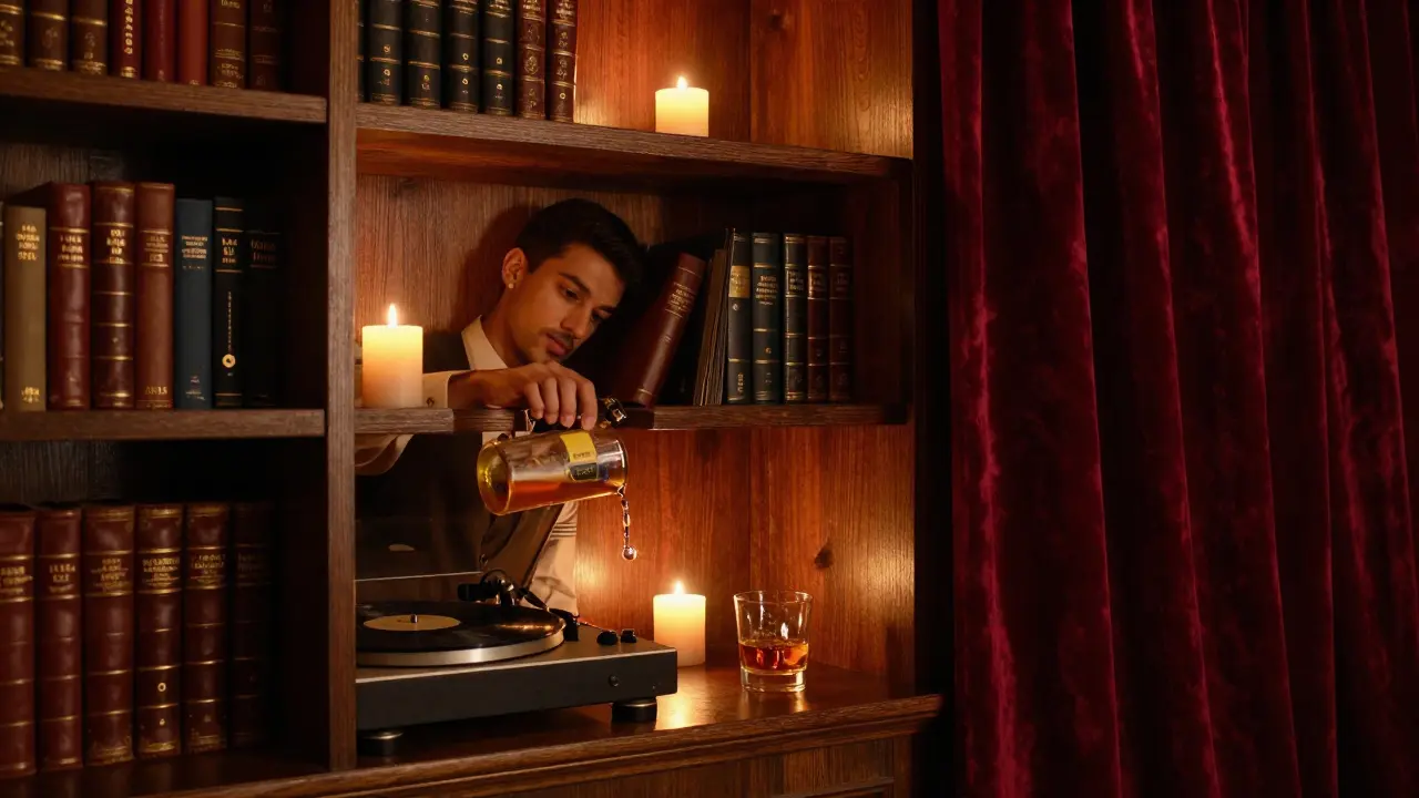 A hidden speakeasy bar with candlelight, vintage books, and a bartender pouring a cocktail in deep red tones.