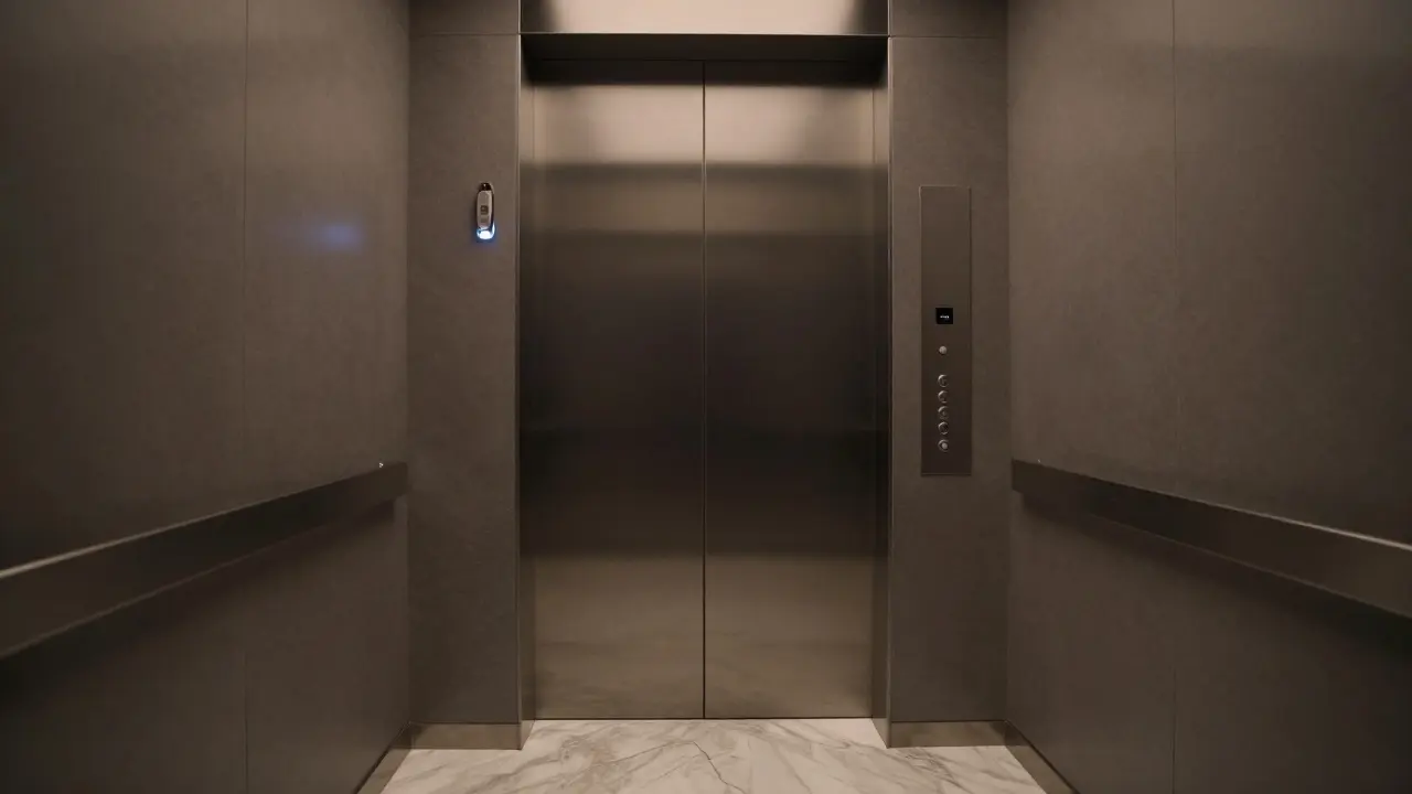 A luxury hotel elevator with no buttons or cameras, accessed only by a key fob.