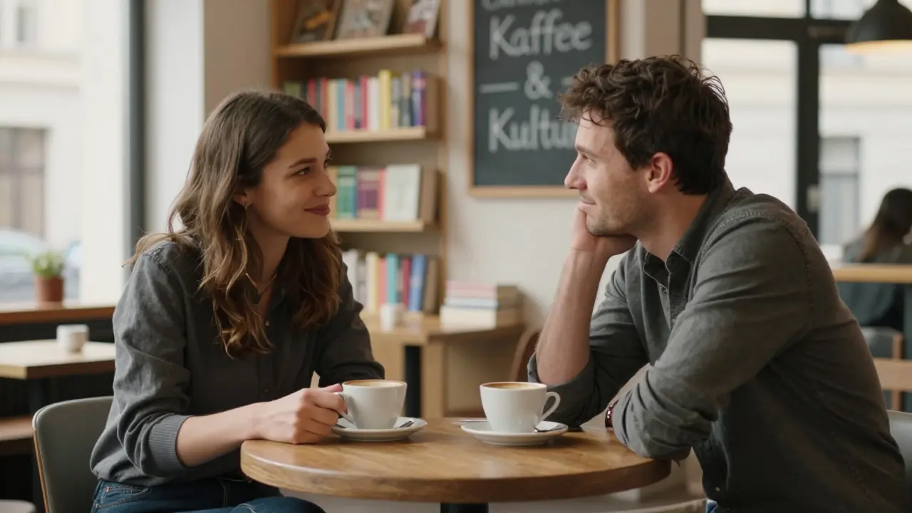 A man and woman meet in a Berlin café, talking quietly over coffee, natural light streaming through windows.