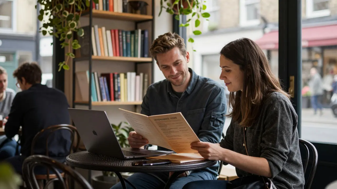 A man and woman meeting at a Shoreditch café, engaged in a relaxed, respectful first encounter.