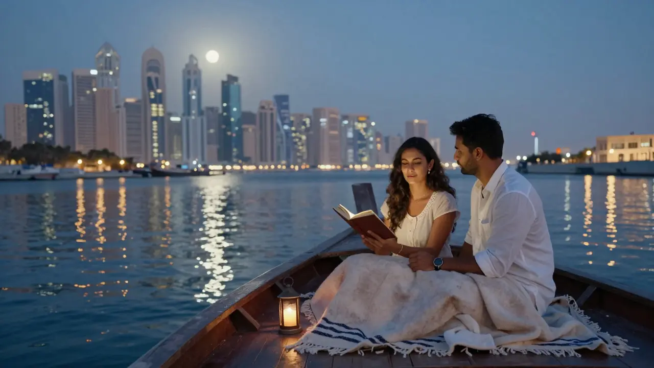 A man and woman on a dhow cruise at twilight, she reading aloud as the city lights twinkle around them.