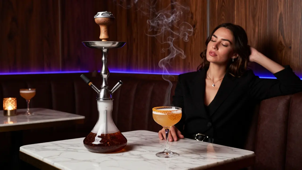 A modern shisha lounge with dark wood and LED lighting, featuring a gourmet tobacco blend and a crafted Middle Eastern cocktail.