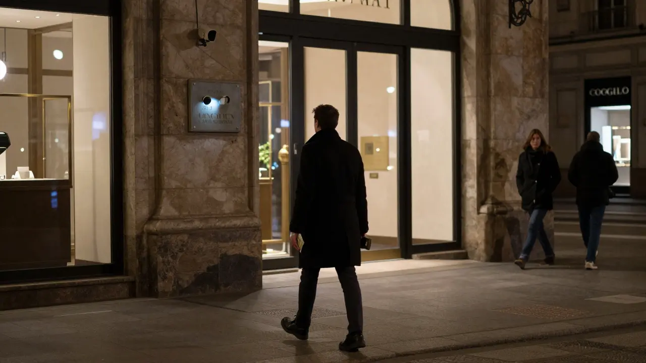 A person walks away from a luxury hotel in Milan at night, holding cash, as city lights and a security camera frame the quiet moment.