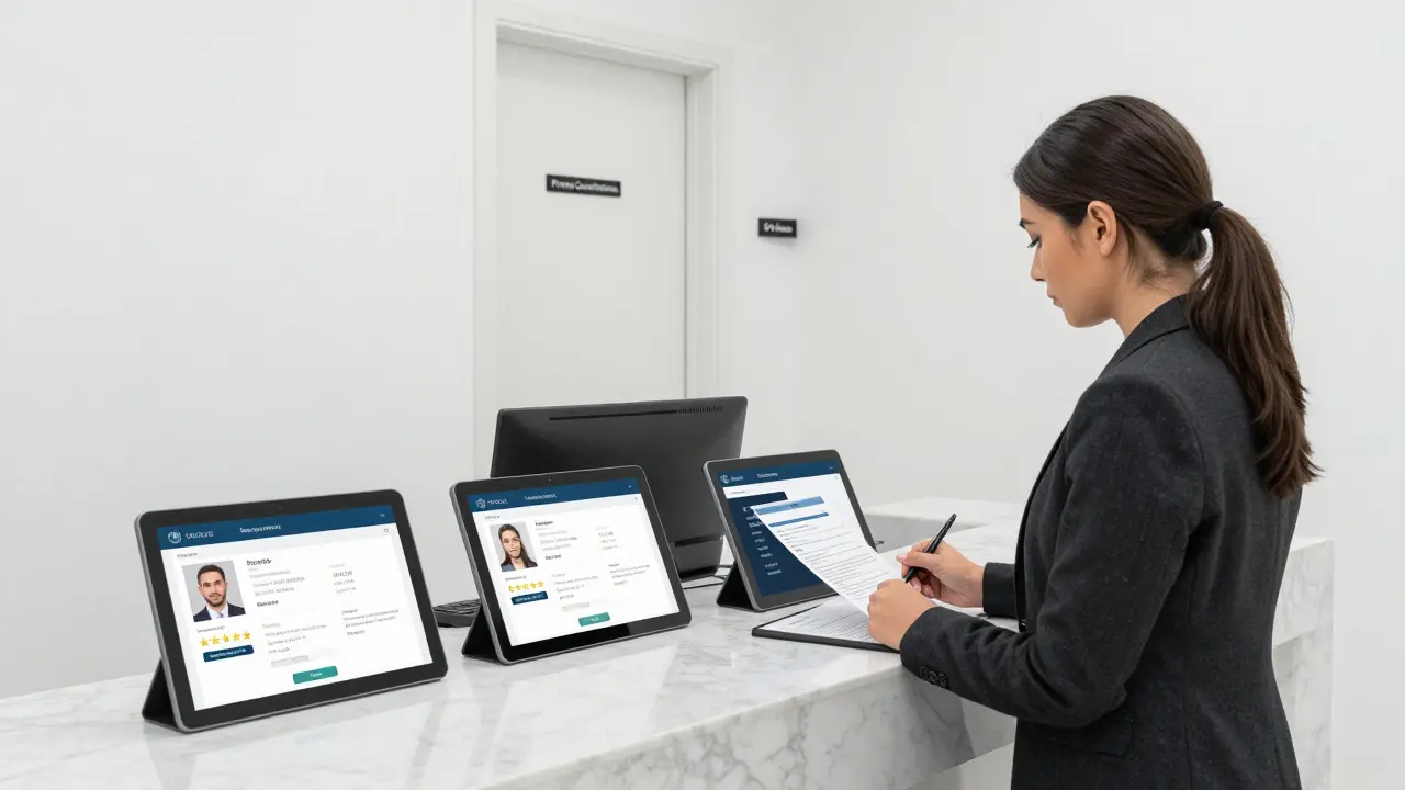 A professional agency office in Abu Dhabi showing verified escort profiles on digital screens.