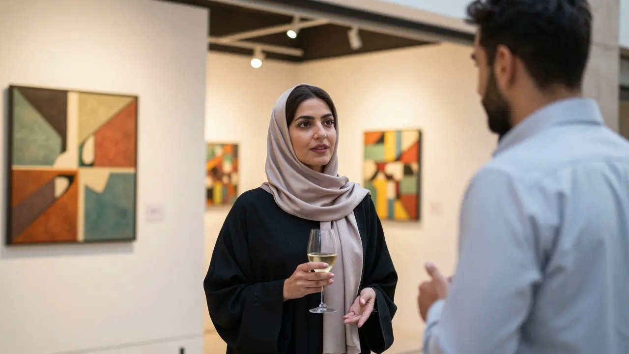 A professional woman conversing with a guest at an art gallery in Dubai, sharing a moment of cultural connection.